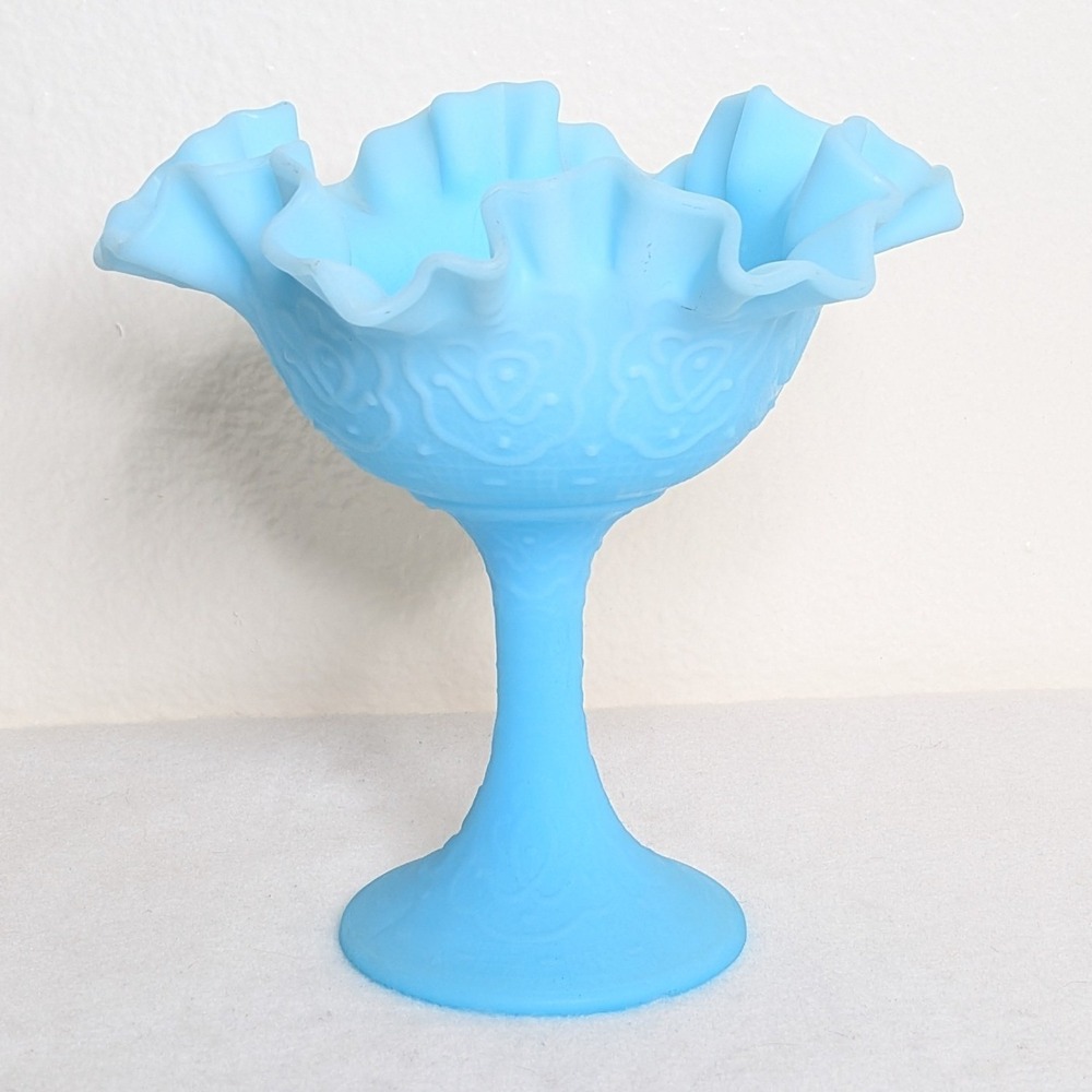 Fenton Blue Satin Milk Glass Ruffled Rose Compote Pedestal Candy Dish 6.5"